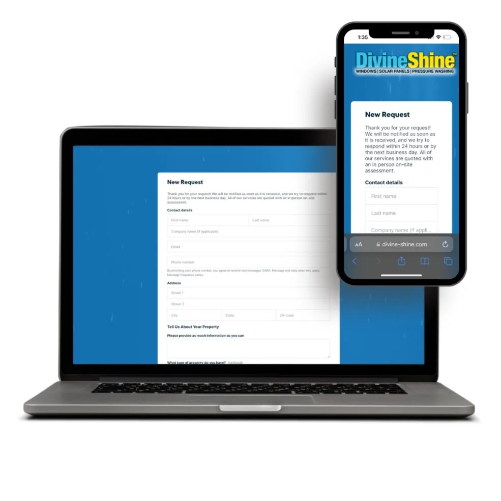 Divine Shine online estimate request form shown on a laptop and phone